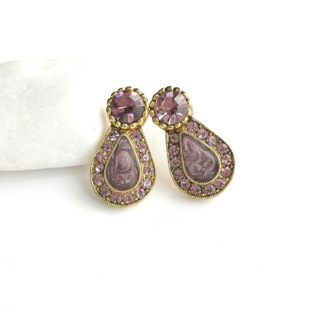 Vintage 90s lavender purple crystal and enamel  stud earrings